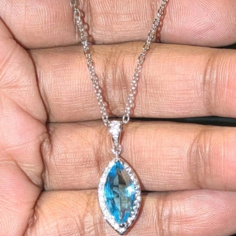 Lab Created Topaz 2.50ct Marquise Cut Halo Pendant 18" 14k White Gold Plated